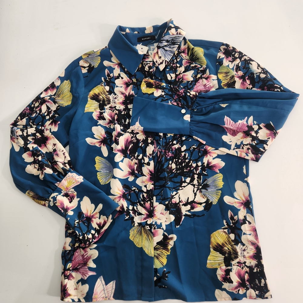 Natori Women's Top Shirt Size S Floral Button Up Long Sleeve Tea Color NWT 01 - Picture 2 of 16